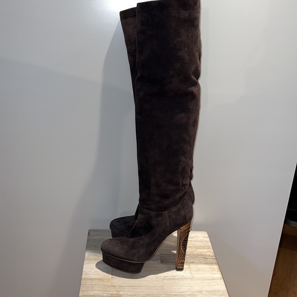 Le Silla 39/US 9 Brown Suede Metal Crystal Embellished Platform Tall Boots - Picture 4 of 16